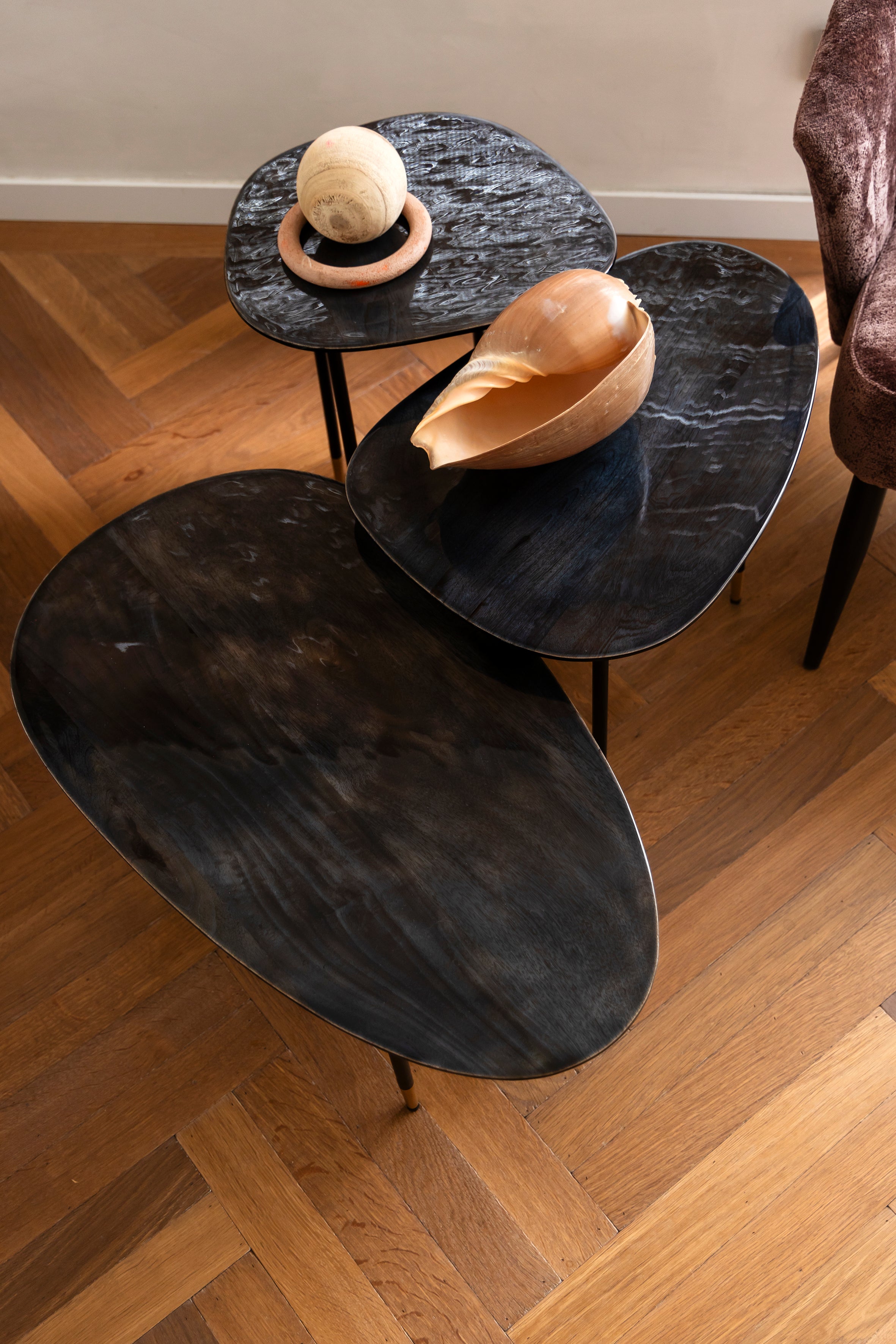 Dutchbone Set of 3 Phyllis Gloss Black Mango Wood Side Tables Nest